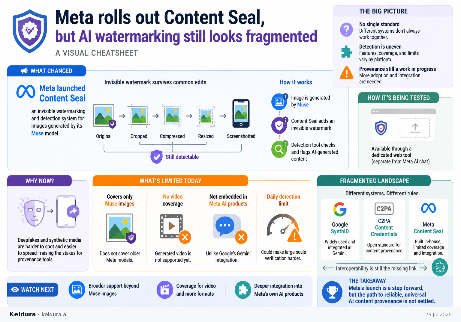 Cheatsheet for Meta rolls out Content Seal, but AI watermarking still looks fragmented. Text equivalent is attached.