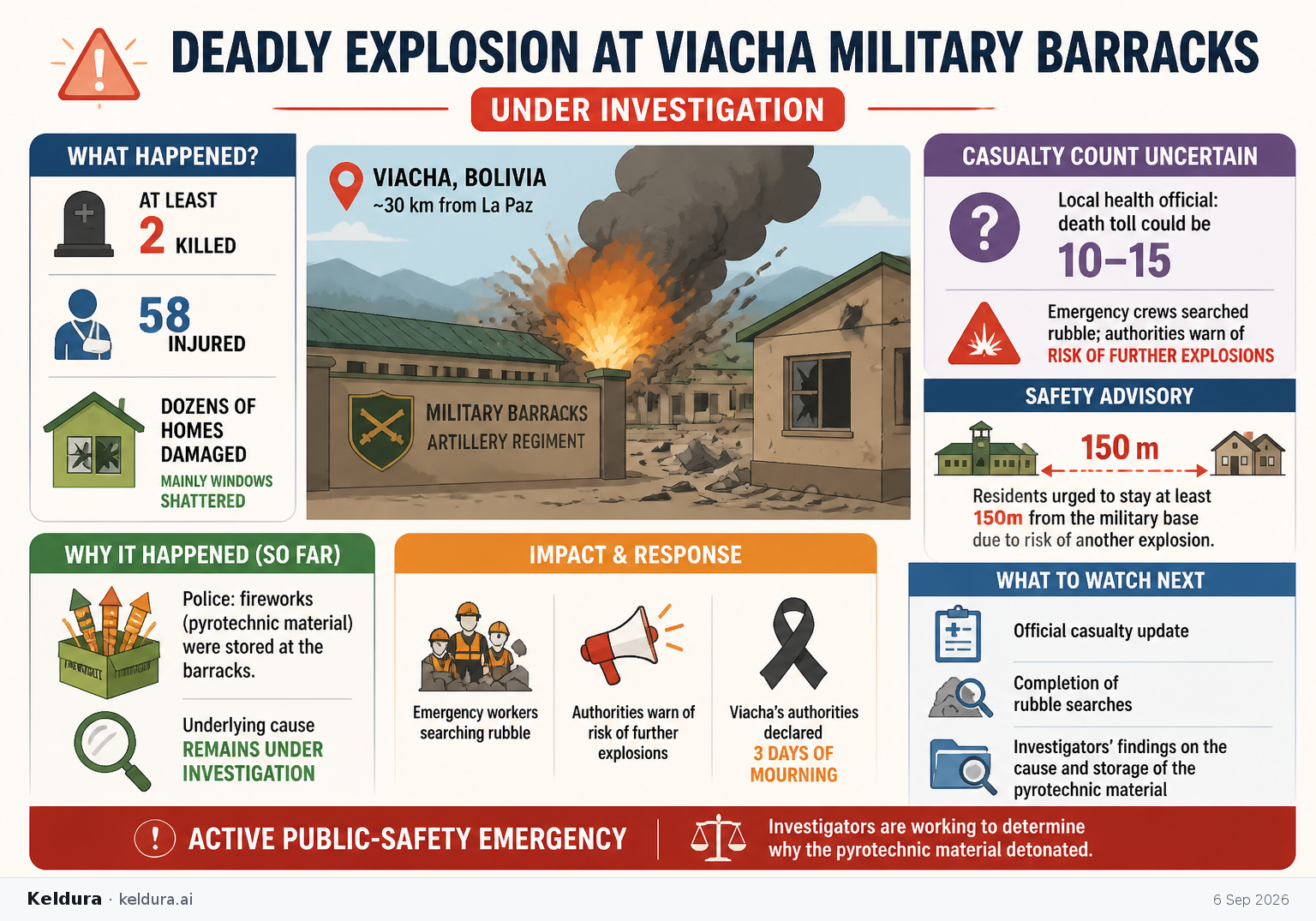 Cheatsheet for Deadly explosion at Bolivian military barracks remains under investigation. Text equivalent is attached.