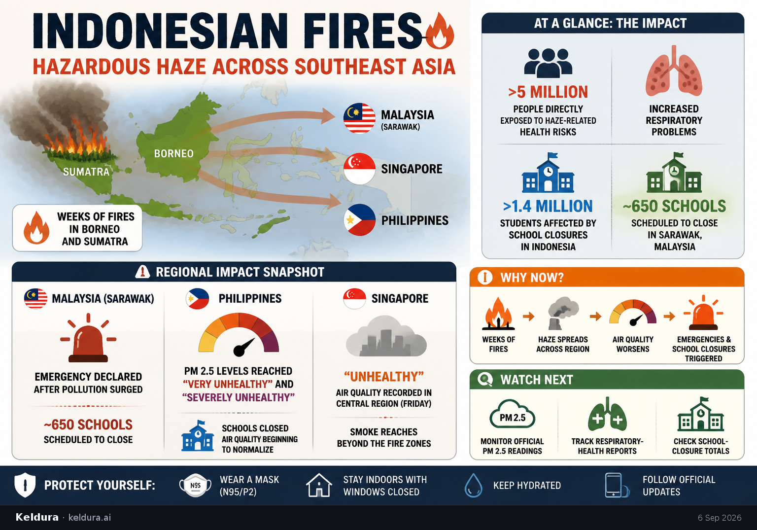 Cheatsheet for Indonesian fires spread hazardous haze across Southeast Asia. Text equivalent is attached.