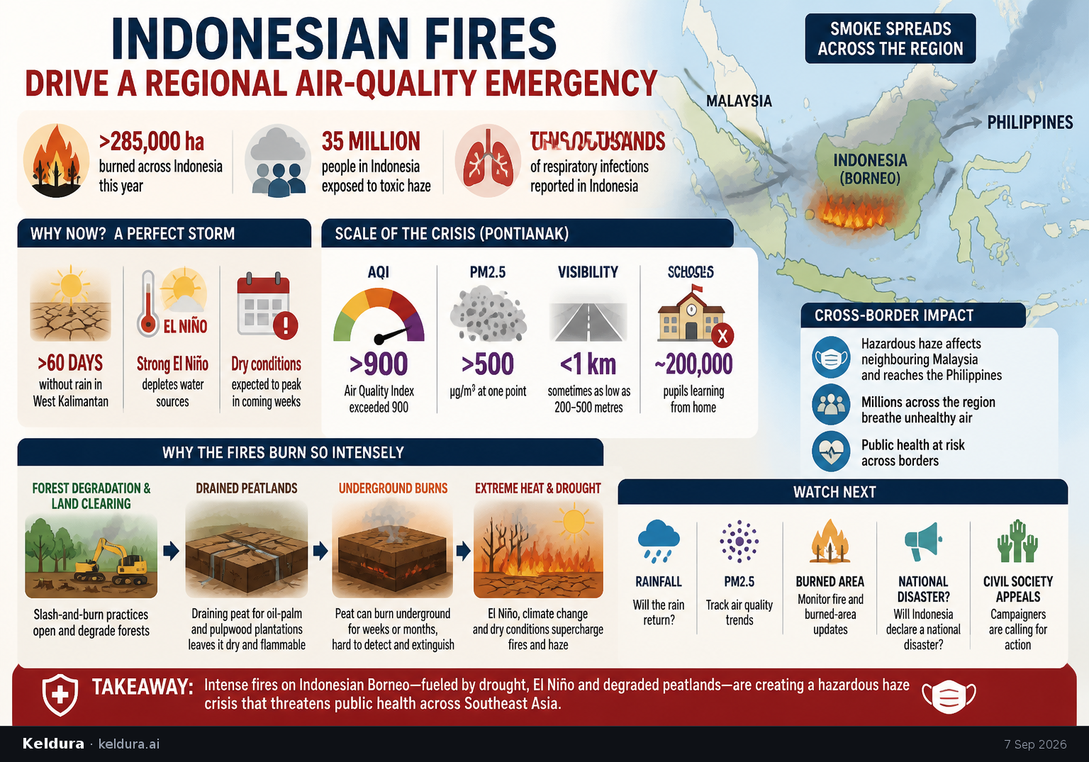 Cheatsheet for Indonesian Fires Drive a Regional Air-Quality Emergency. Text equivalent is attached.