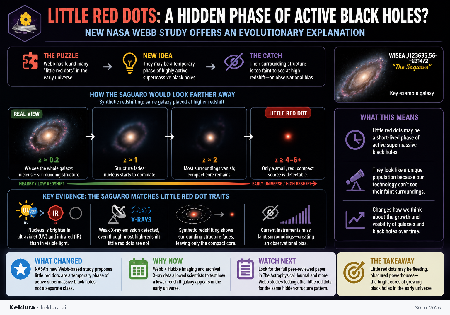 Cheatsheet for NASA Webb study argues some little red dots may be a temporary phase of active black holes. Text equivalent is attached.