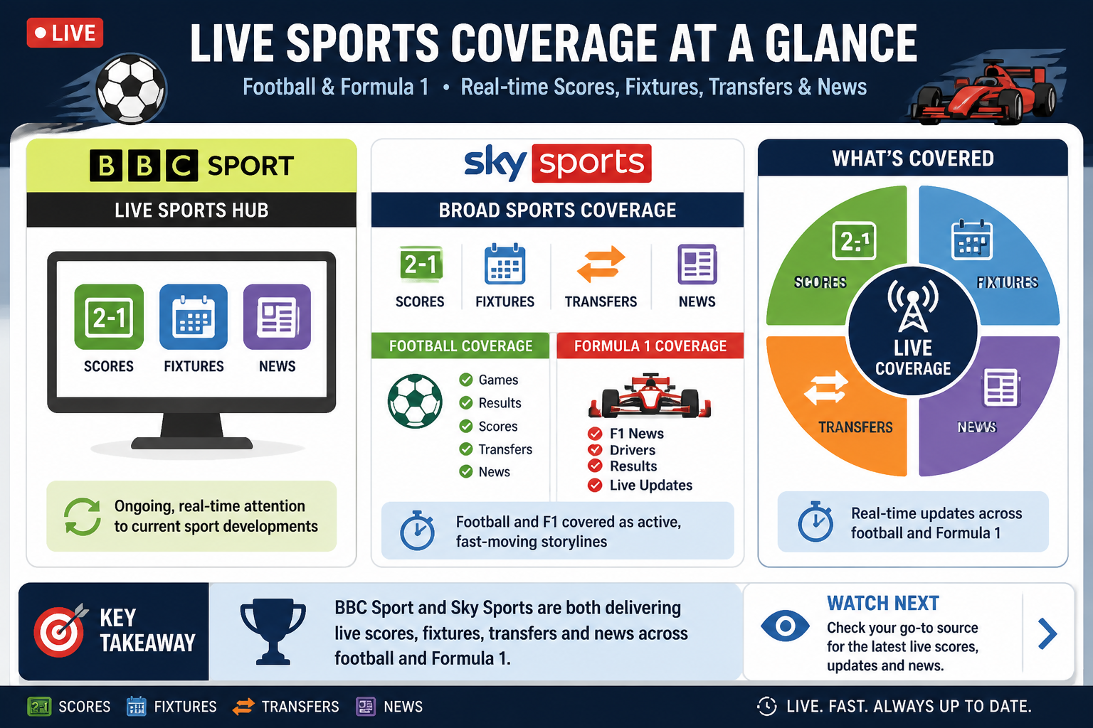 Cheatsheet for Sports pages show live coverage across football and F1. Text equivalent is attached.
