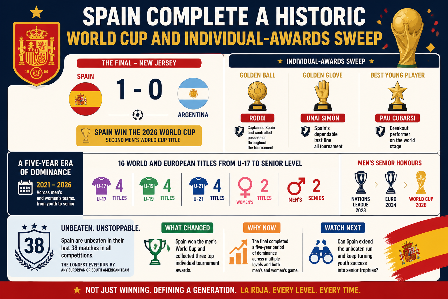 Cheatsheet for Spain complete a historic World Cup and individual-awards sweep. Text equivalent is attached.