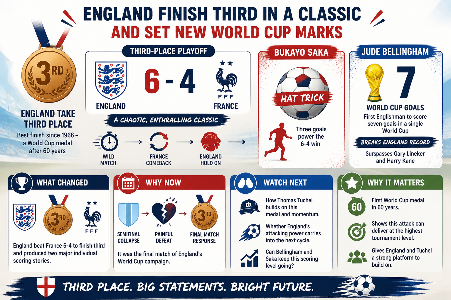Cheatsheet for England finish third in a classic and set new World Cup marks. Text equivalent is attached.