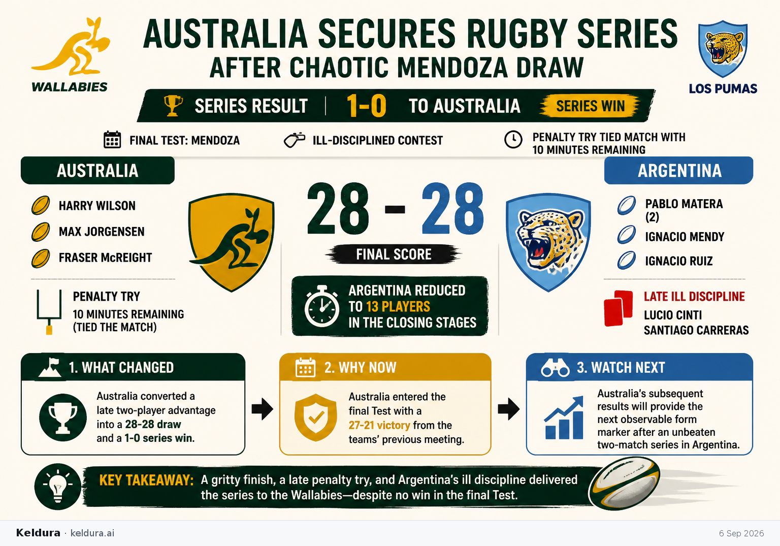 Cheatsheet for Australia secures rugby series after chaotic Mendoza draw. Text equivalent is attached.